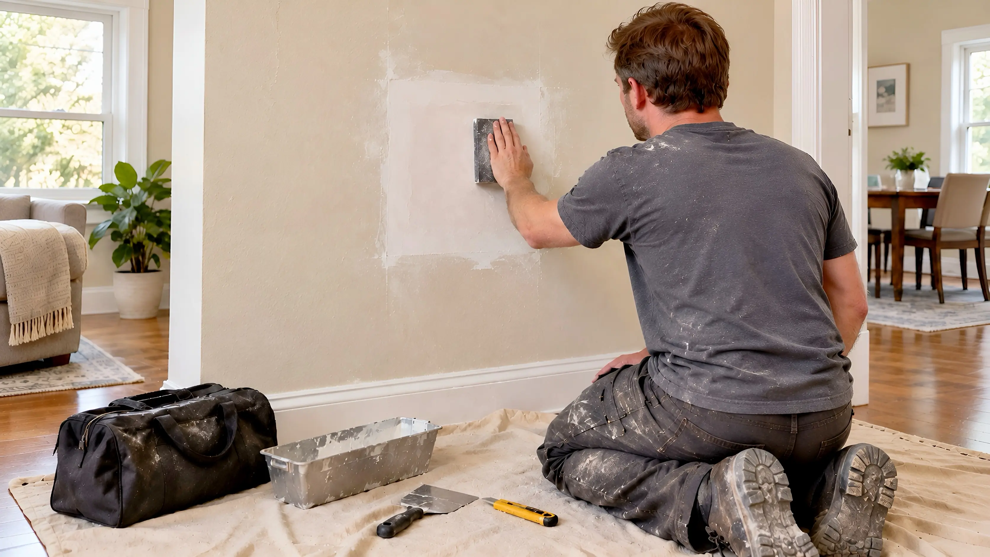 A handyman sanding a drywall patch in a living room