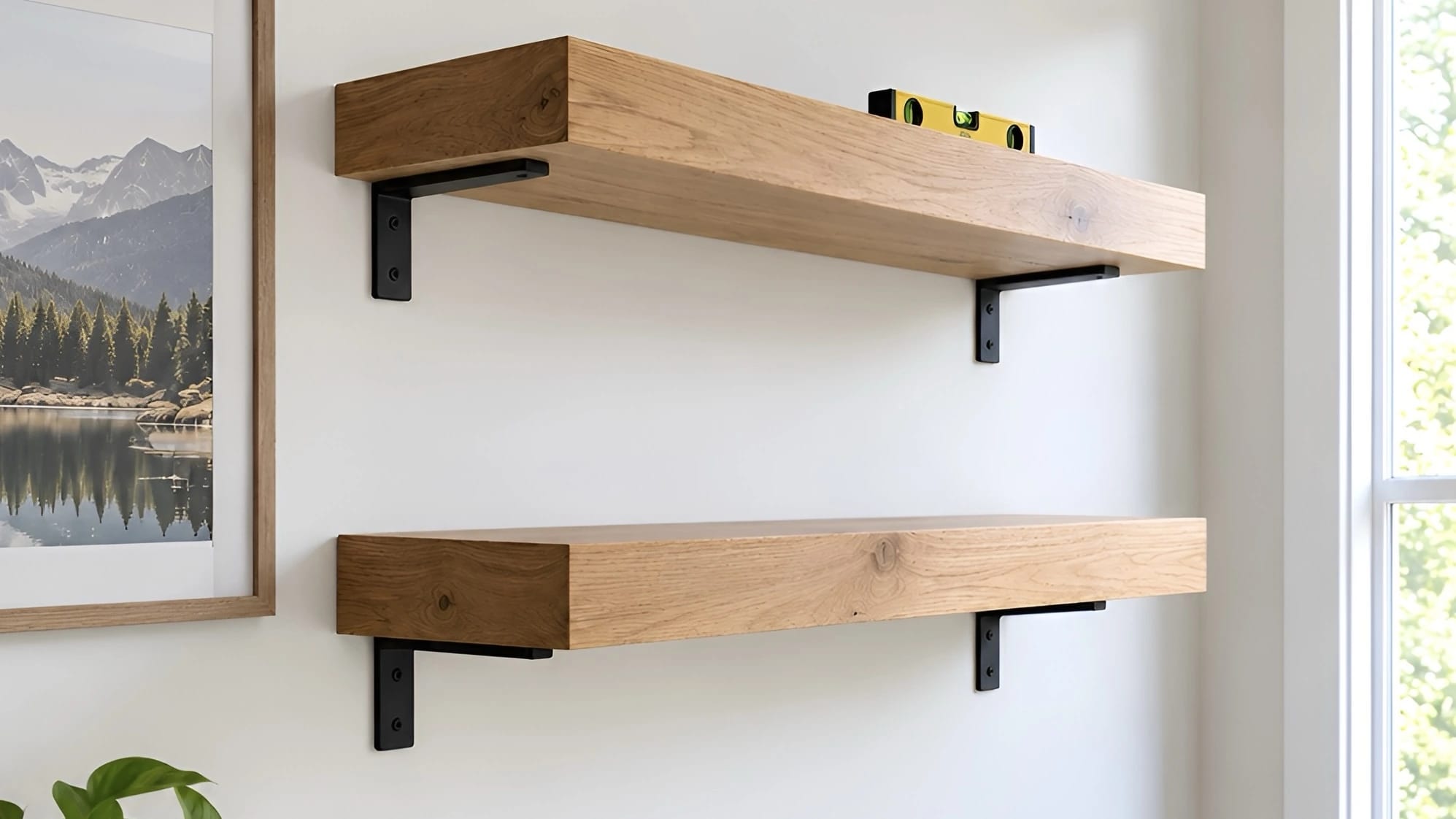 Wood floating shelves mounted neatly on a wall
